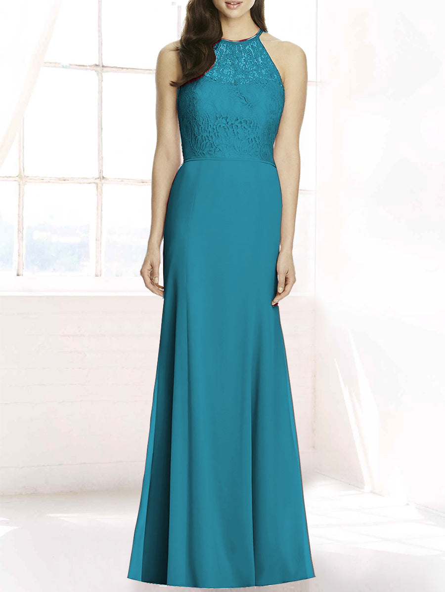 Lace Column Sheer Neck Sleeveless Bridesmaid Dress-MB50083