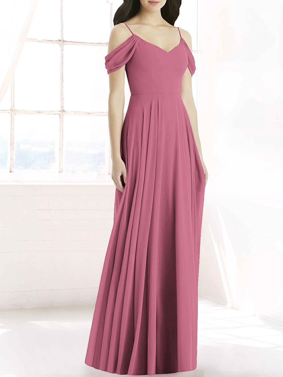 Chiffon Column Off the Shoulder Sleeveless Bridesmaid Dress-MB50090