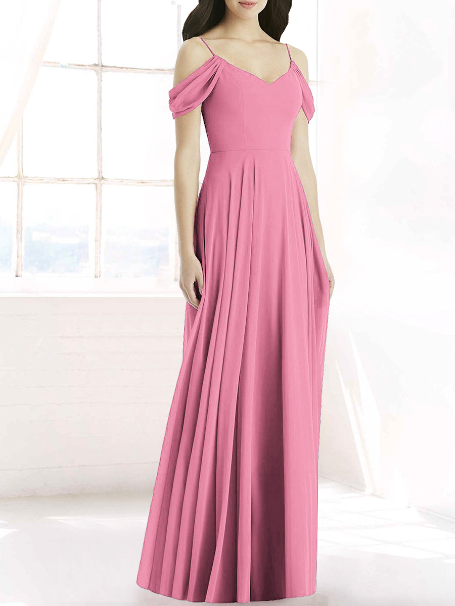 Chiffon Column Off the Shoulder Sleeveless Bridesmaid Dress-MB50090