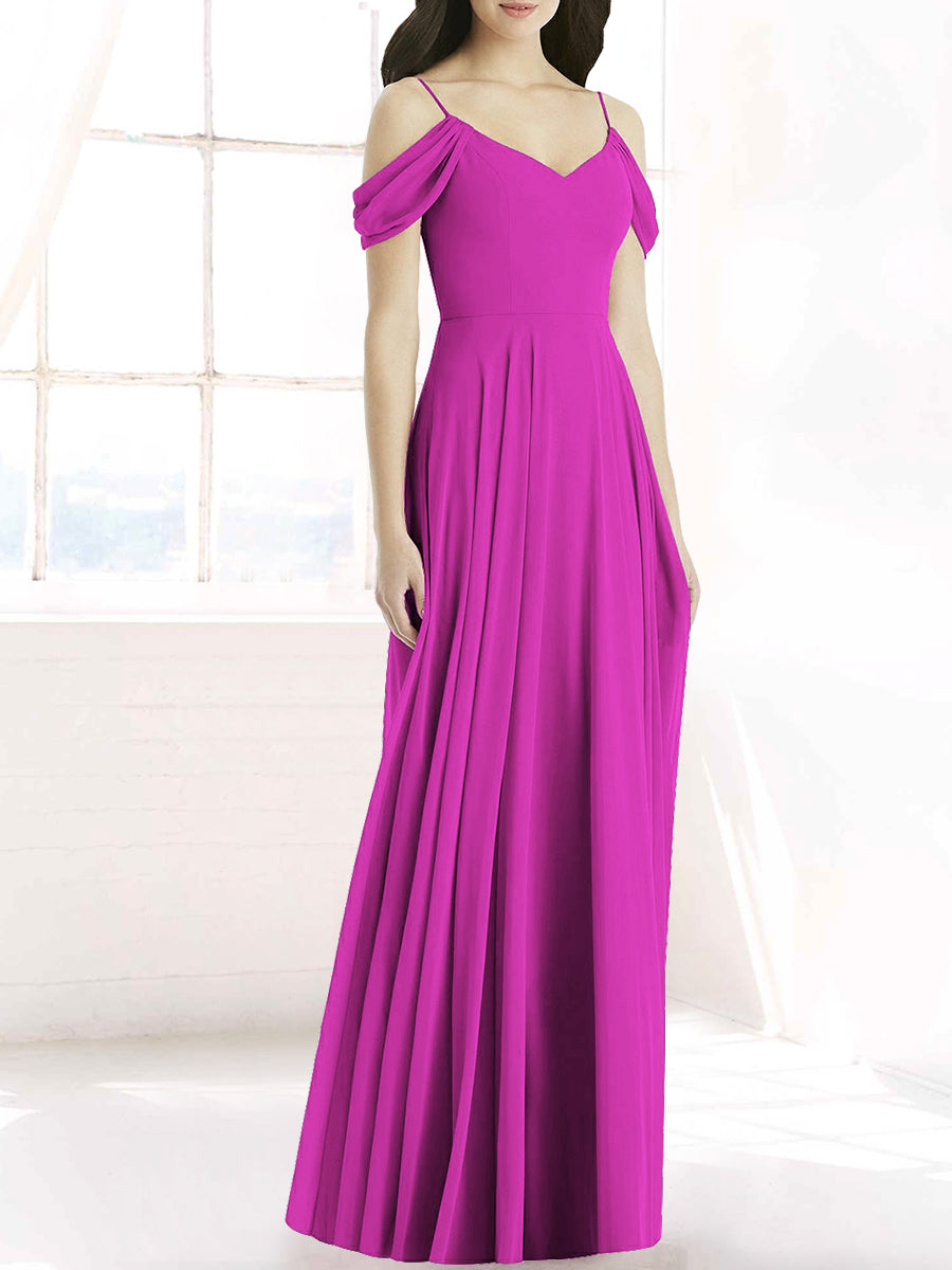 Chiffon Column Off the Shoulder Sleeveless Bridesmaid Dress-MB50090