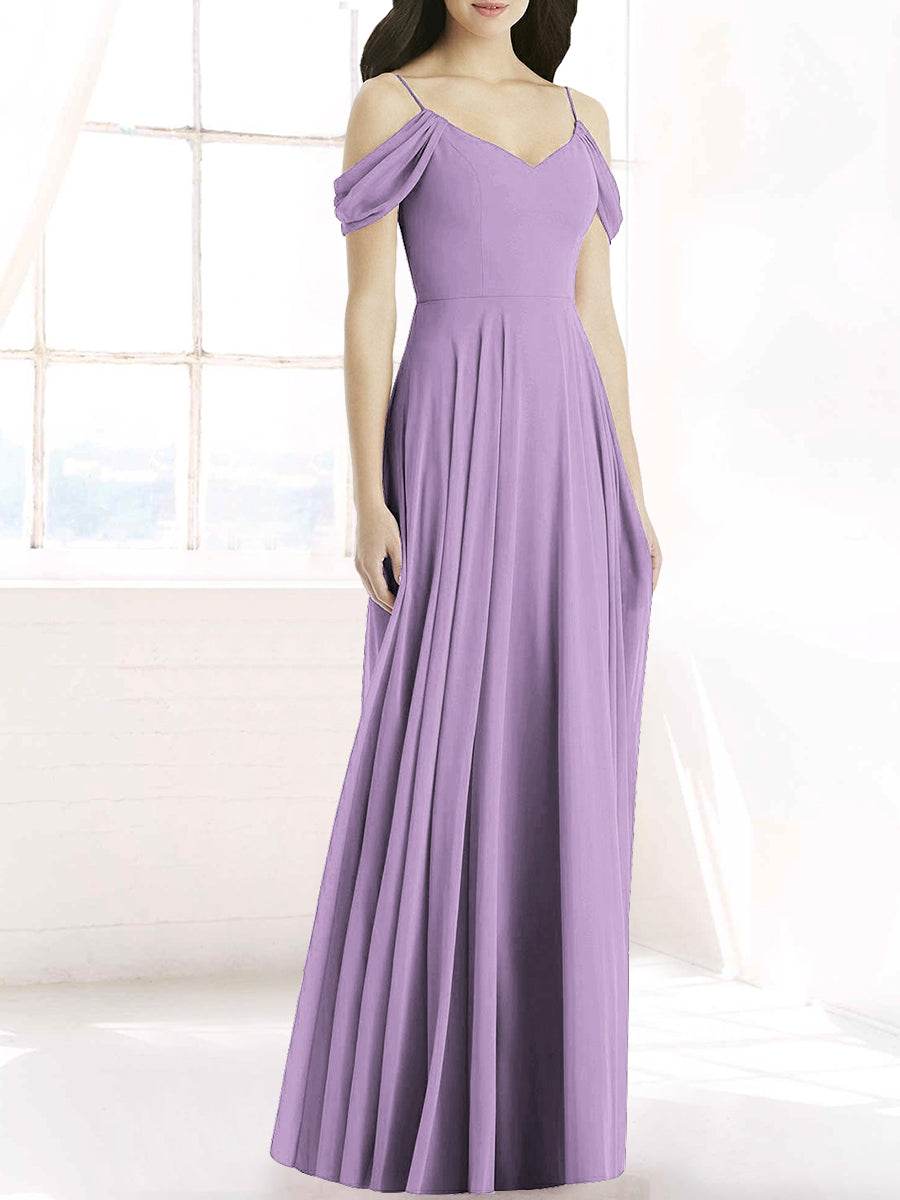 Chiffon Column Off the Shoulder Sleeveless Bridesmaid Dress-MB50090