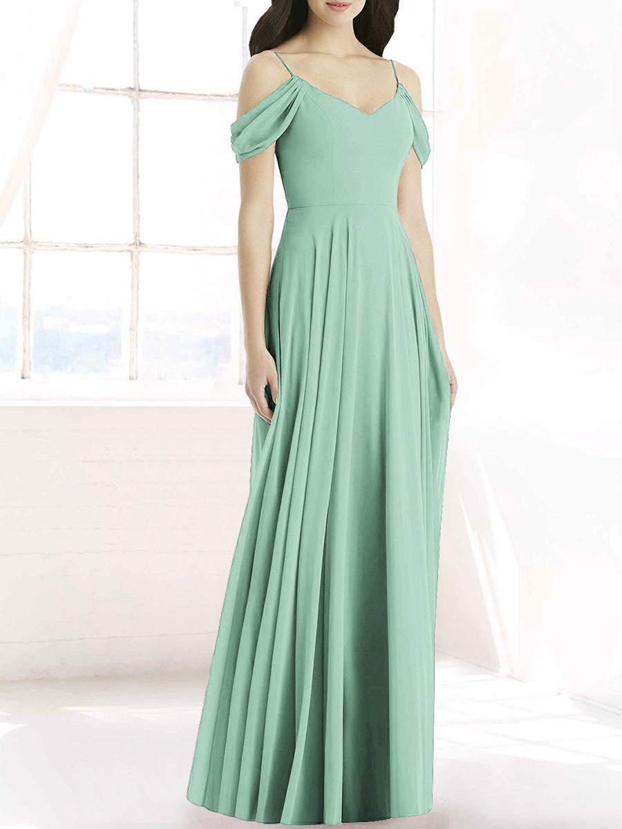 Chiffon Column Off the Shoulder Sleeveless Bridesmaid Dress-MB50090