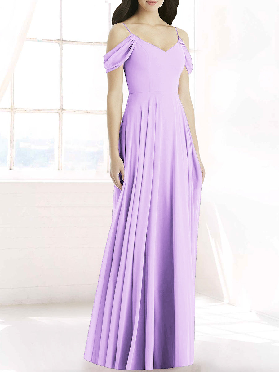 Chiffon Column Off the Shoulder Sleeveless Bridesmaid Dress-MB50090