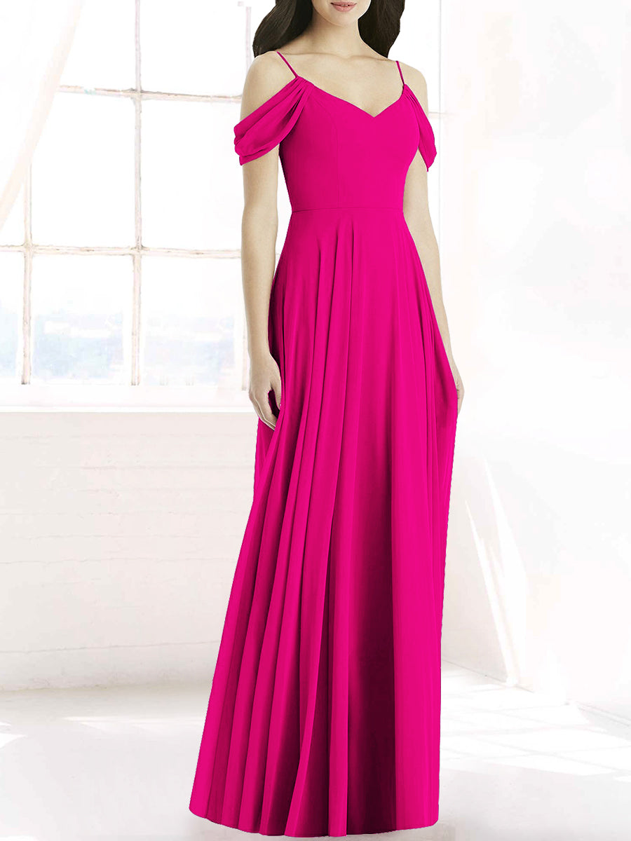 Chiffon Column Off the Shoulder Sleeveless Bridesmaid Dress-MB50090