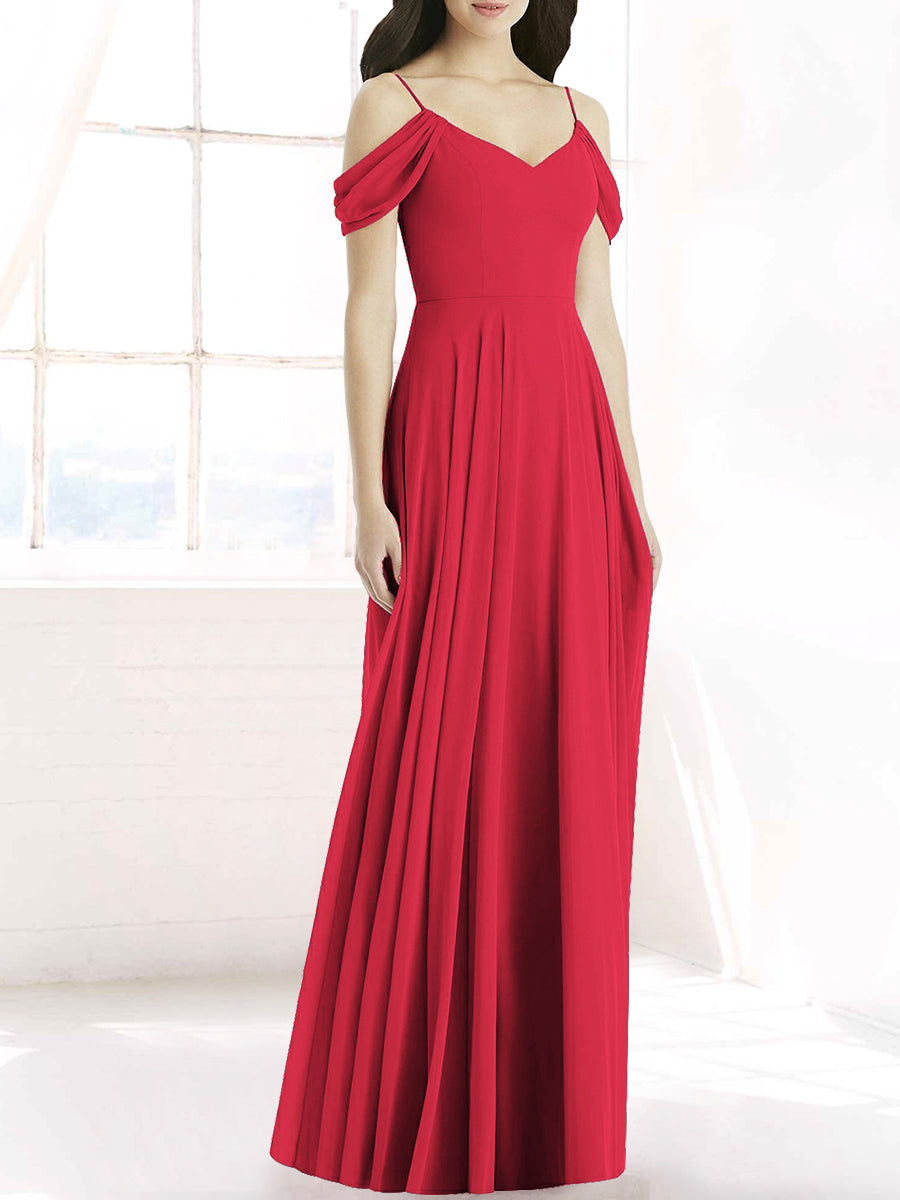 Chiffon Column Off the Shoulder Sleeveless Bridesmaid Dress-MB50090