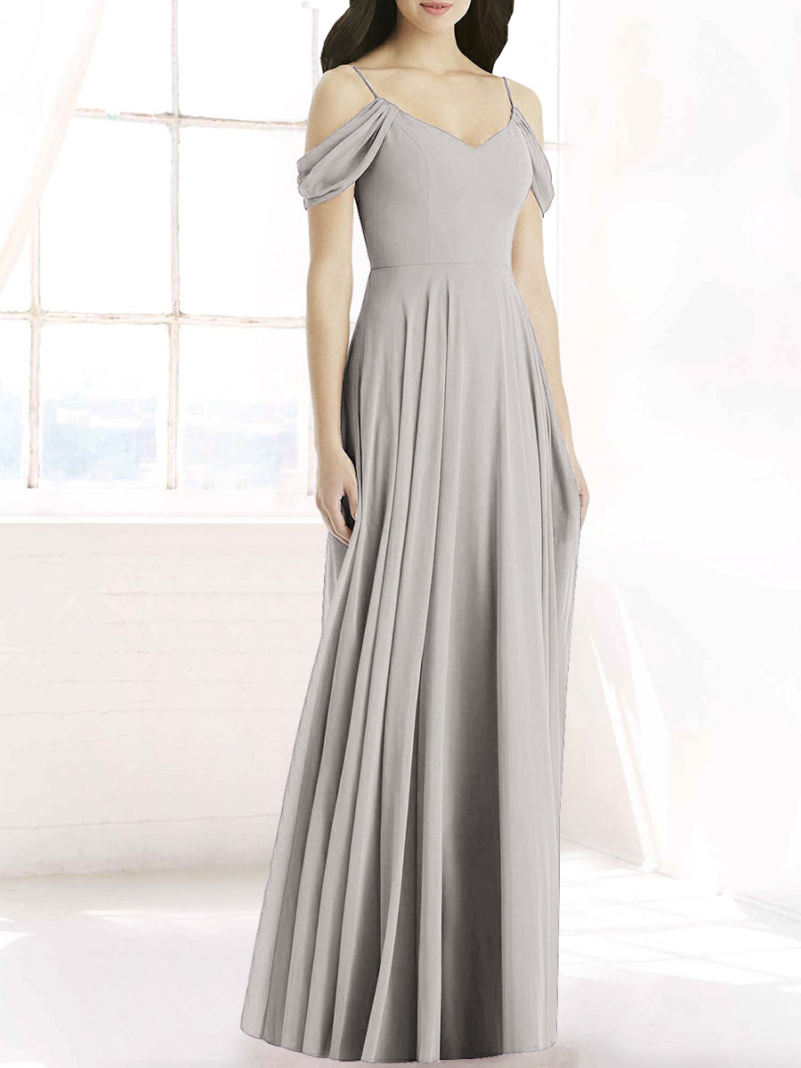 Chiffon Column Off the Shoulder Sleeveless Bridesmaid Dress-MB50090