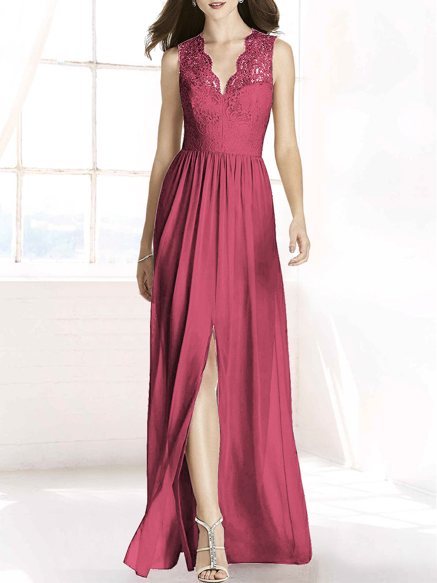Lace Column V-Neck Sleeveless Bridesmaid Dress-MB50092