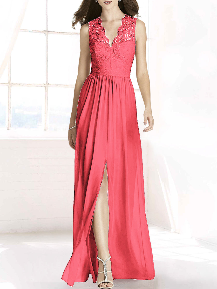 Lace Column V-Neck Sleeveless Bridesmaid Dress-MB50092