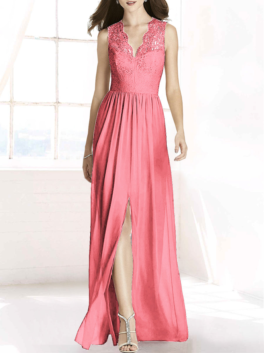 Lace Column V-Neck Sleeveless Bridesmaid Dress-MB50092