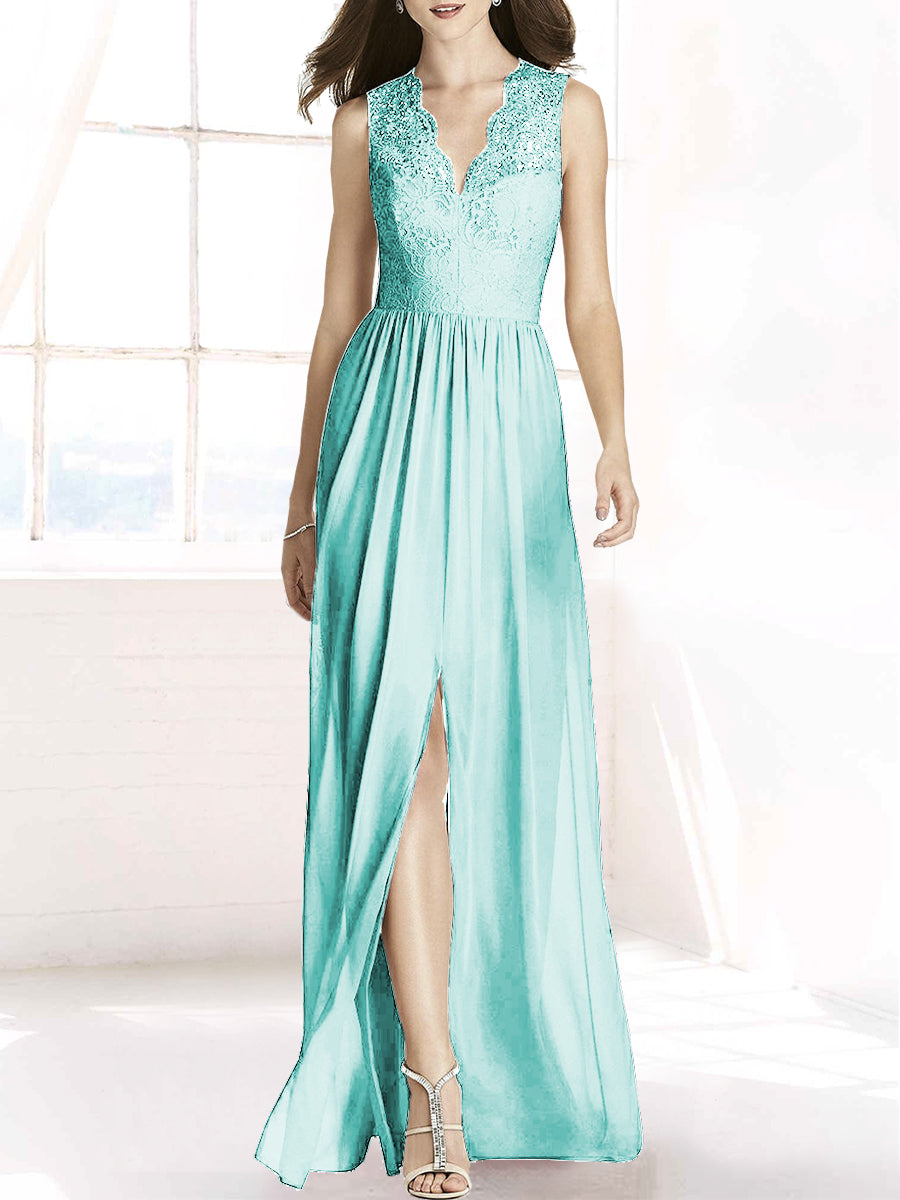 Lace Column V-Neck Sleeveless Bridesmaid Dress-MB50092