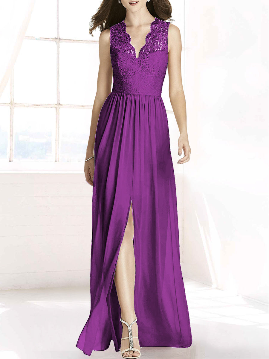 Lace Column V-Neck Sleeveless Bridesmaid Dress-MB50092