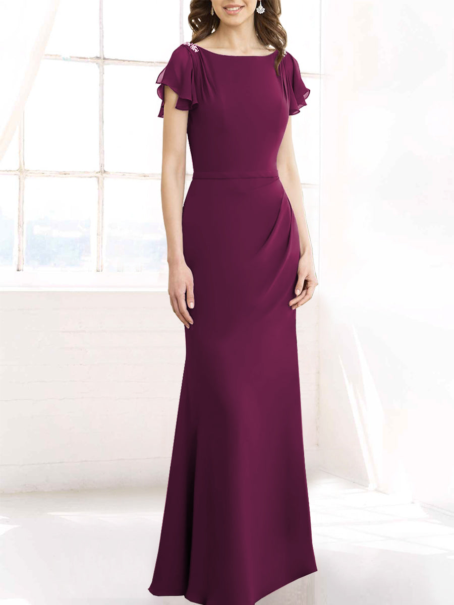 Chiffon Column Boat Neck Short Sleeves Bridesmaid Dress-MB50110