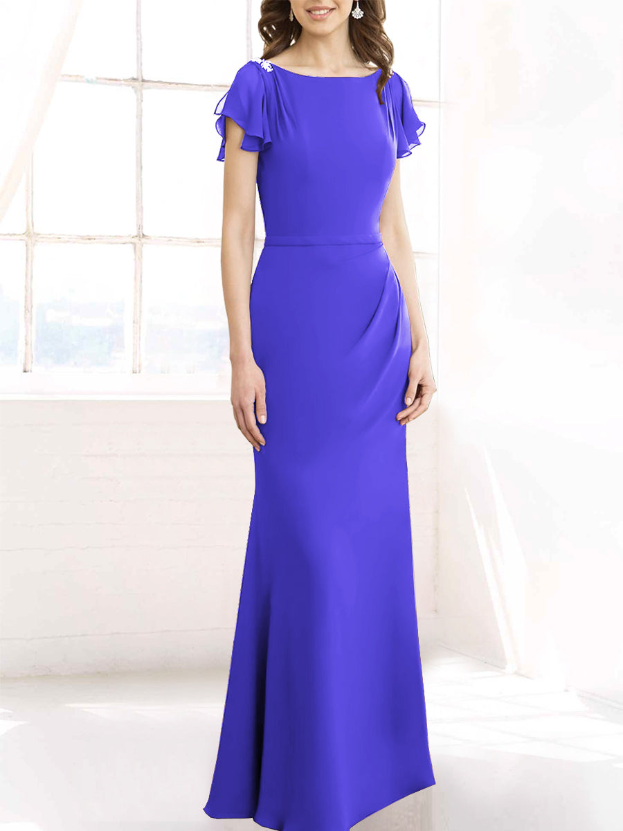 Chiffon Column Boat Neck Short Sleeves Bridesmaid Dress-MB50110