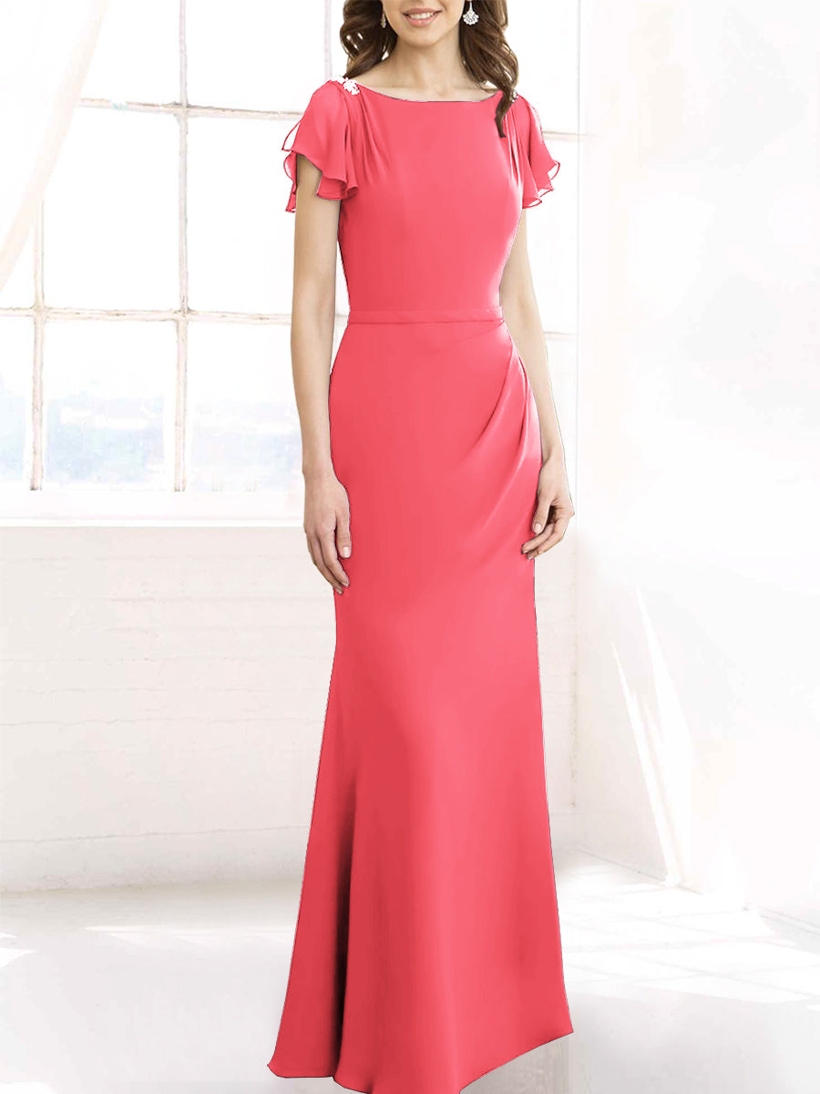 Chiffon Column Boat Neck Short Sleeves Bridesmaid Dress-MB50110