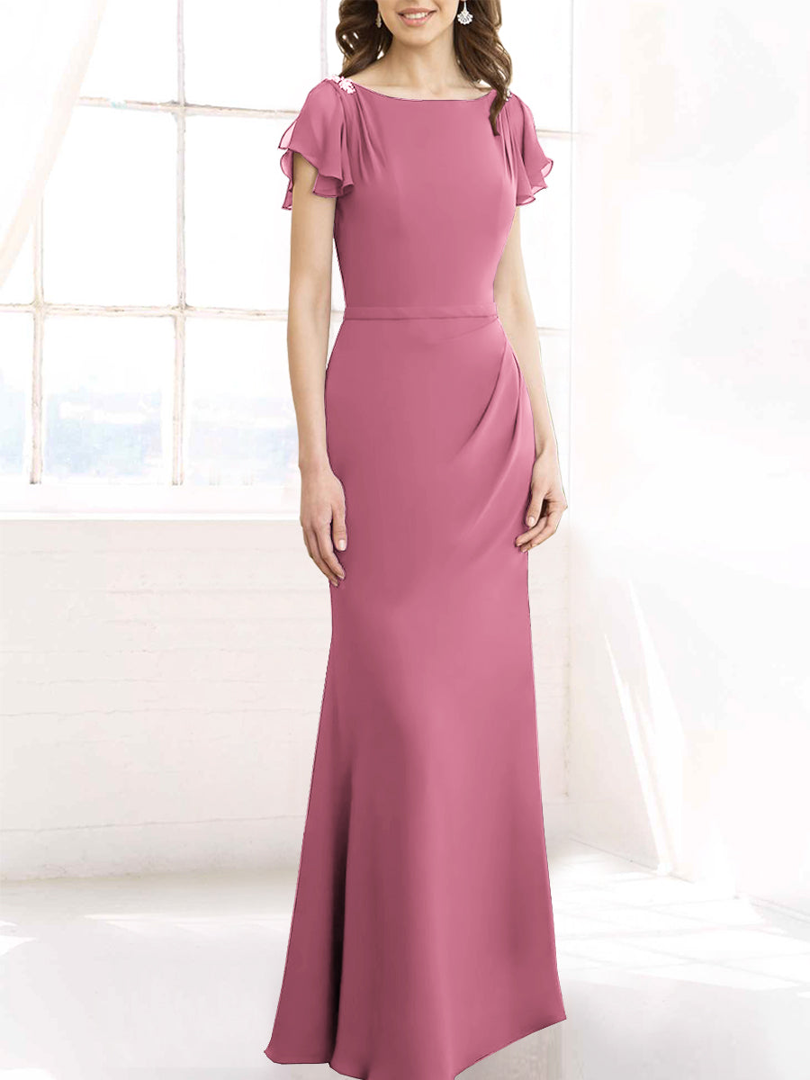 Chiffon Column Boat Neck Short Sleeves Bridesmaid Dress-MB50110