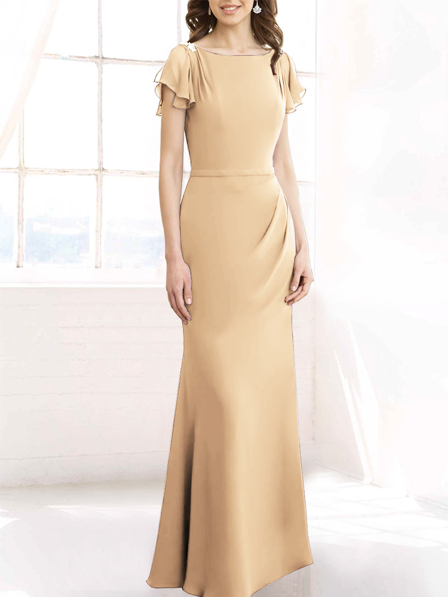 Chiffon Column Boat Neck Short Sleeves Bridesmaid Dress-MB50110