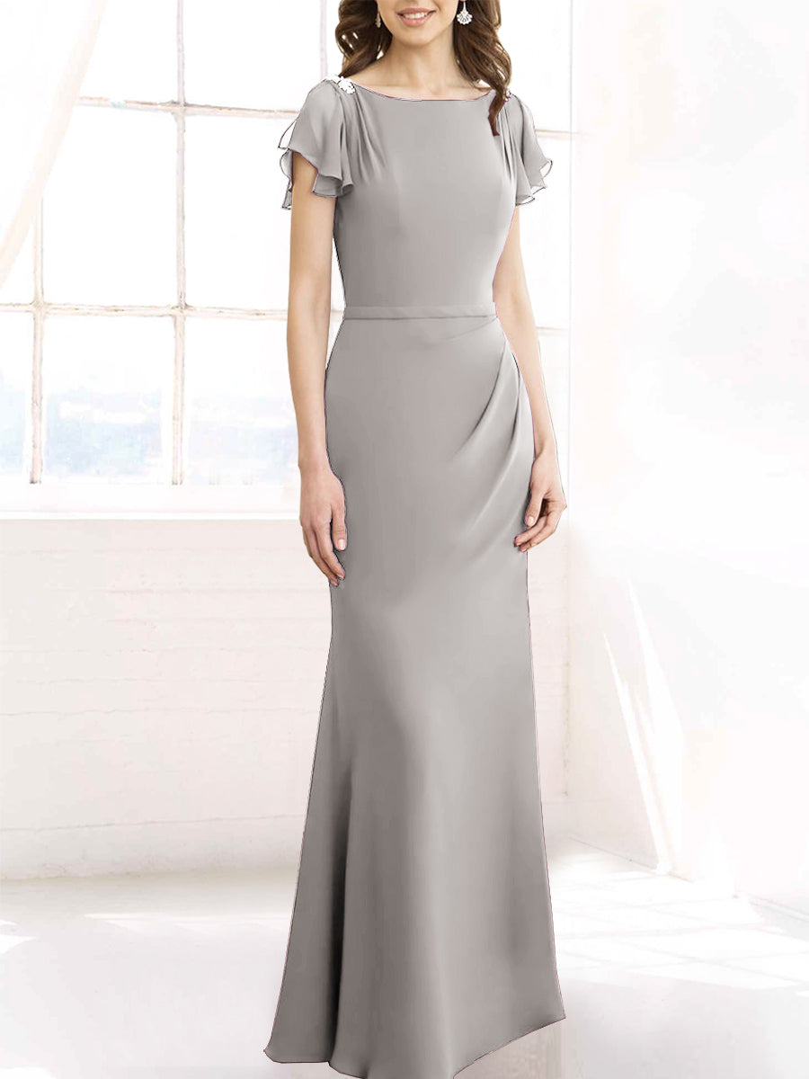 Chiffon Column Boat Neck Short Sleeves Bridesmaid Dress-MB50110