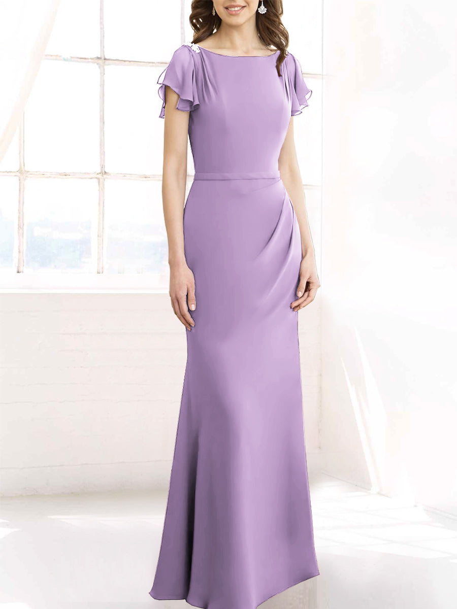 Chiffon Column Boat Neck Short Sleeves Bridesmaid Dress-MB50110