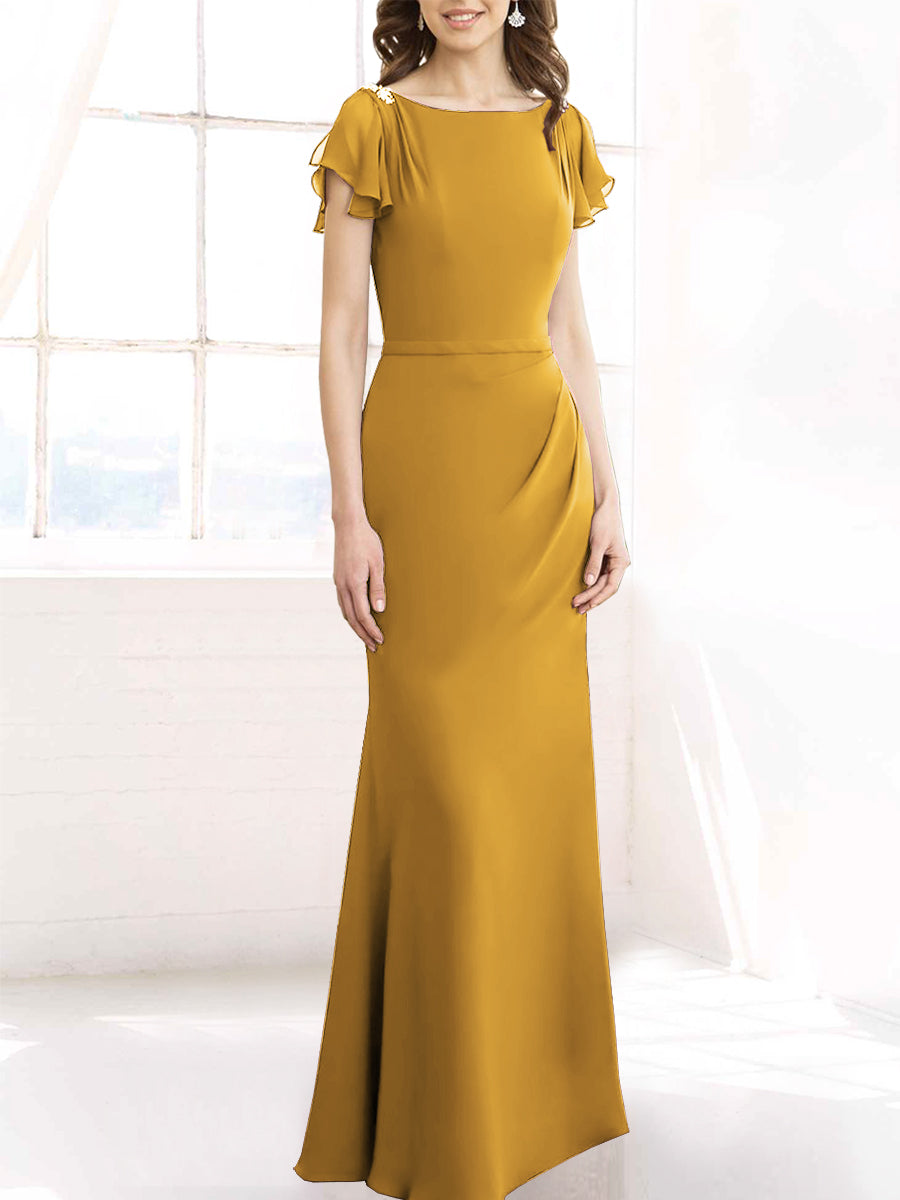 Chiffon Column Boat Neck Short Sleeves Bridesmaid Dress-MB50110