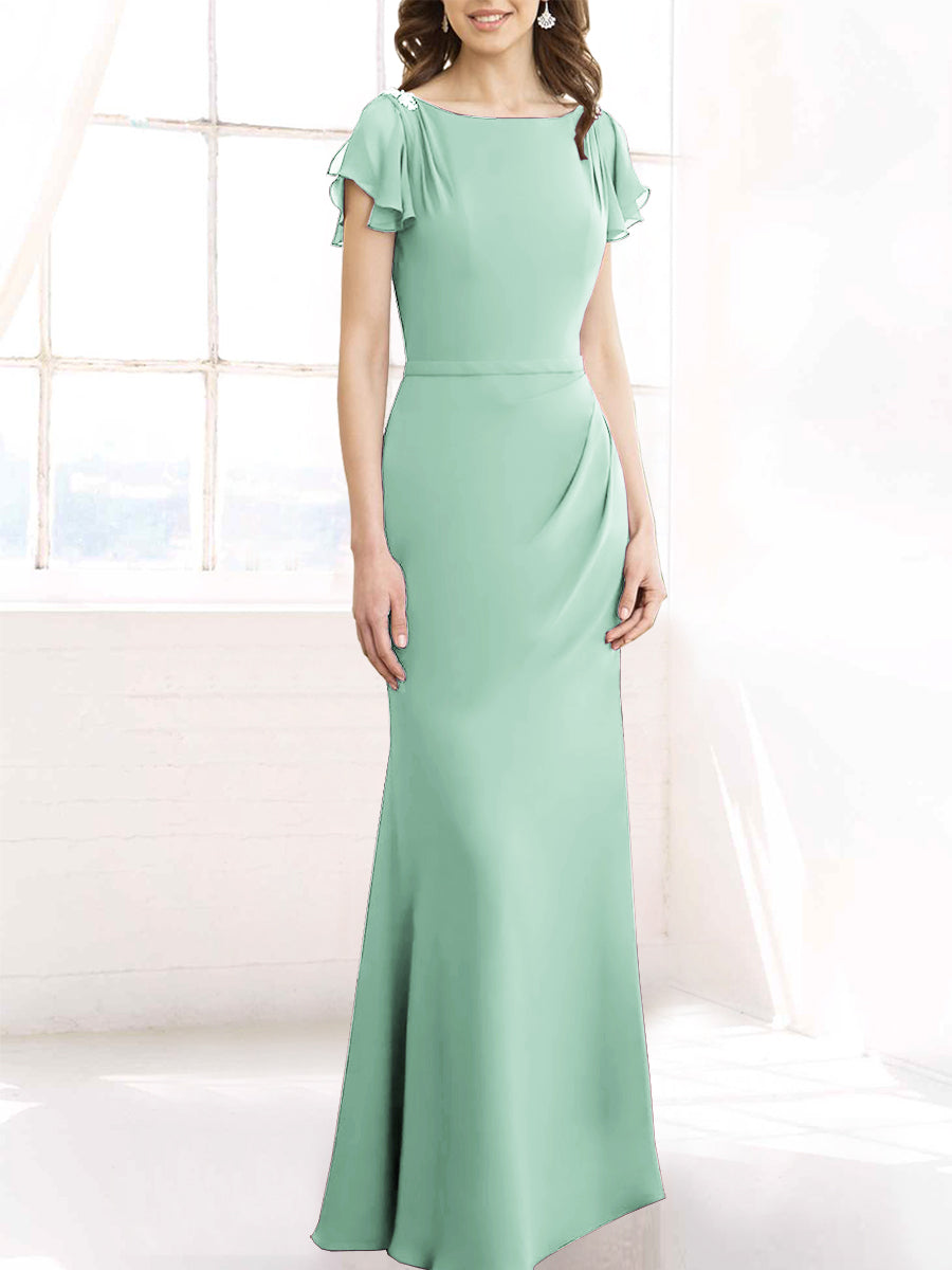 Chiffon Column Boat Neck Short Sleeves Bridesmaid Dress-MB50110