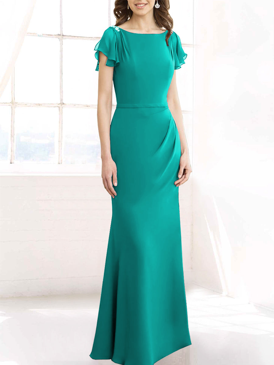 Chiffon Column Boat Neck Short Sleeves Bridesmaid Dress-MB50110