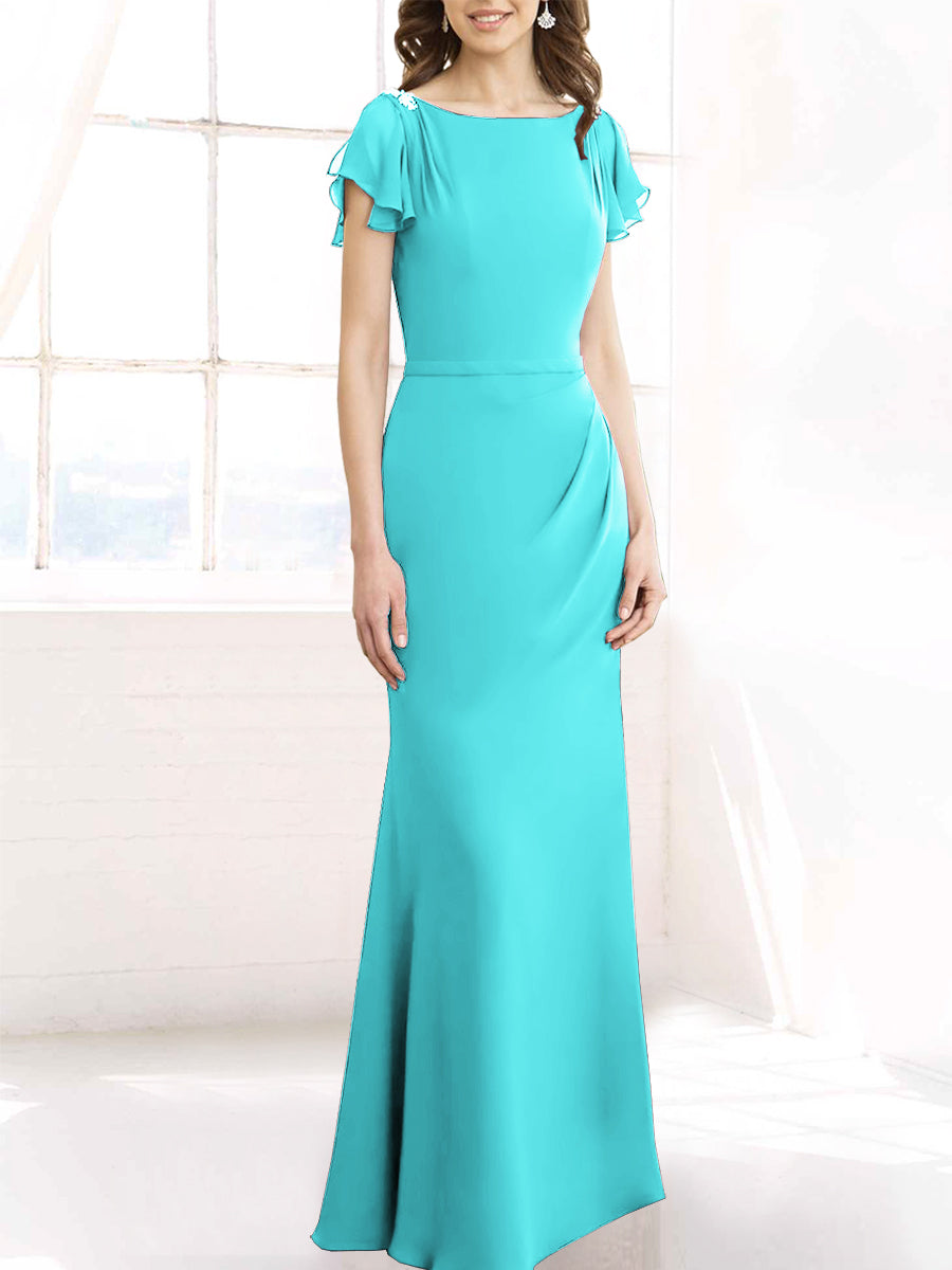 Chiffon Column Boat Neck Short Sleeves Bridesmaid Dress-MB50110