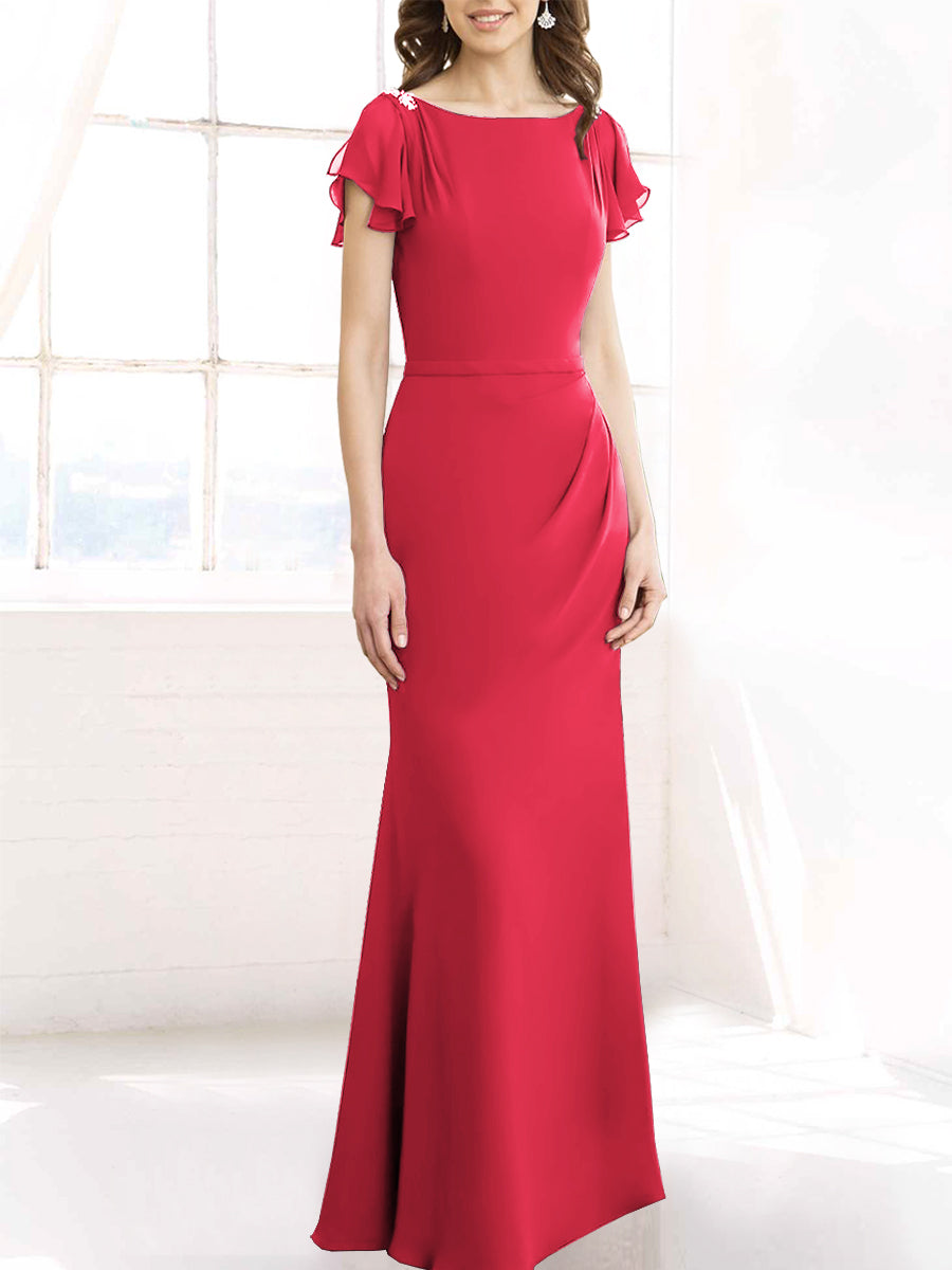 Chiffon Column Boat Neck Short Sleeves Bridesmaid Dress-MB50110