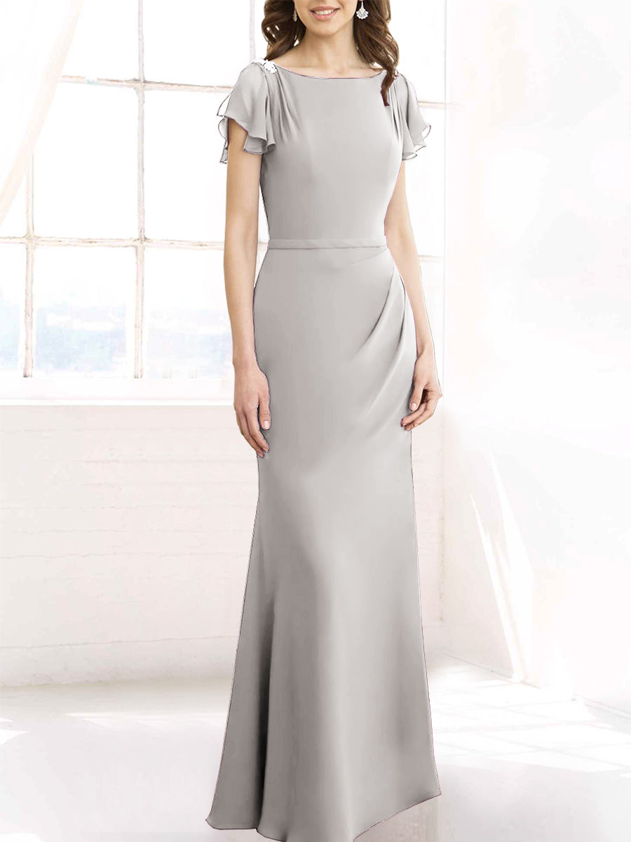 Chiffon Column Boat Neck Short Sleeves Bridesmaid Dress-MB50110