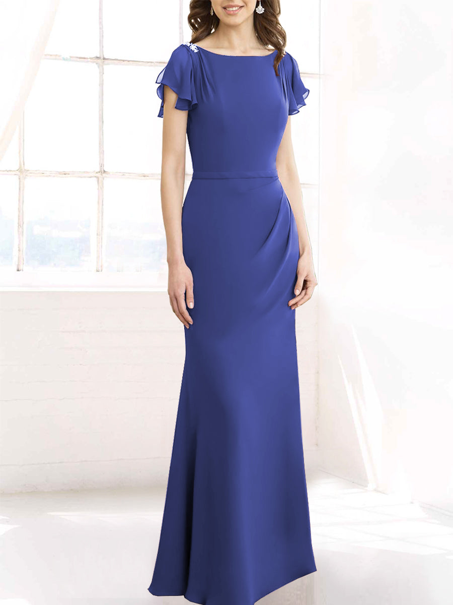 Chiffon Column Boat Neck Short Sleeves Bridesmaid Dress-MB50110