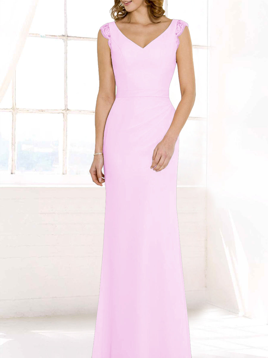 Lace Column V-Neck Cap Sleeves Bridesmaid Dress-MB50117