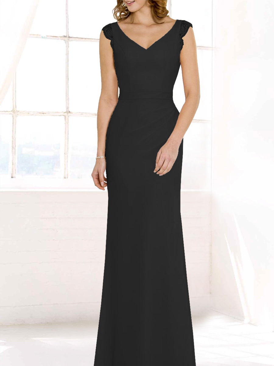 Lace Column V-Neck Cap Sleeves Bridesmaid Dress-MB50117