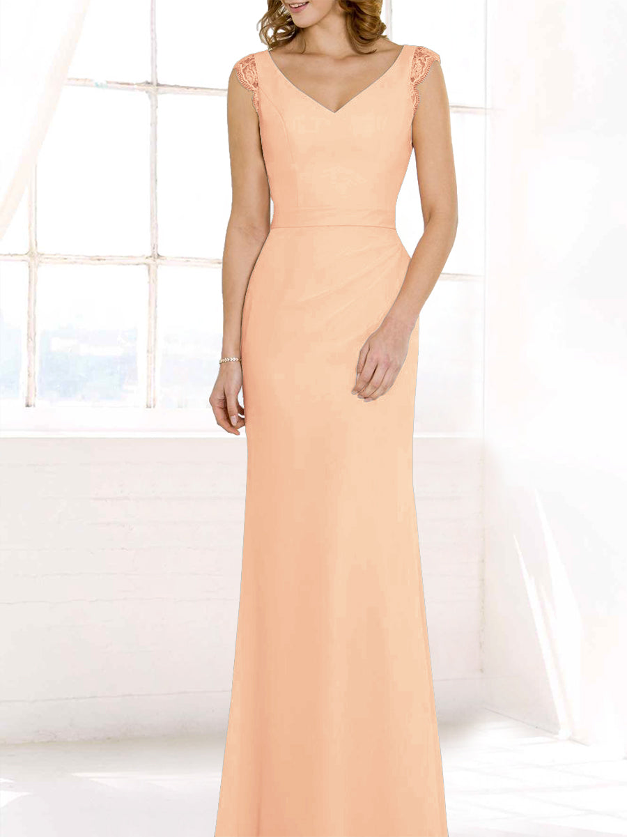 Lace Column V-Neck Cap Sleeves Bridesmaid Dress-MB50117