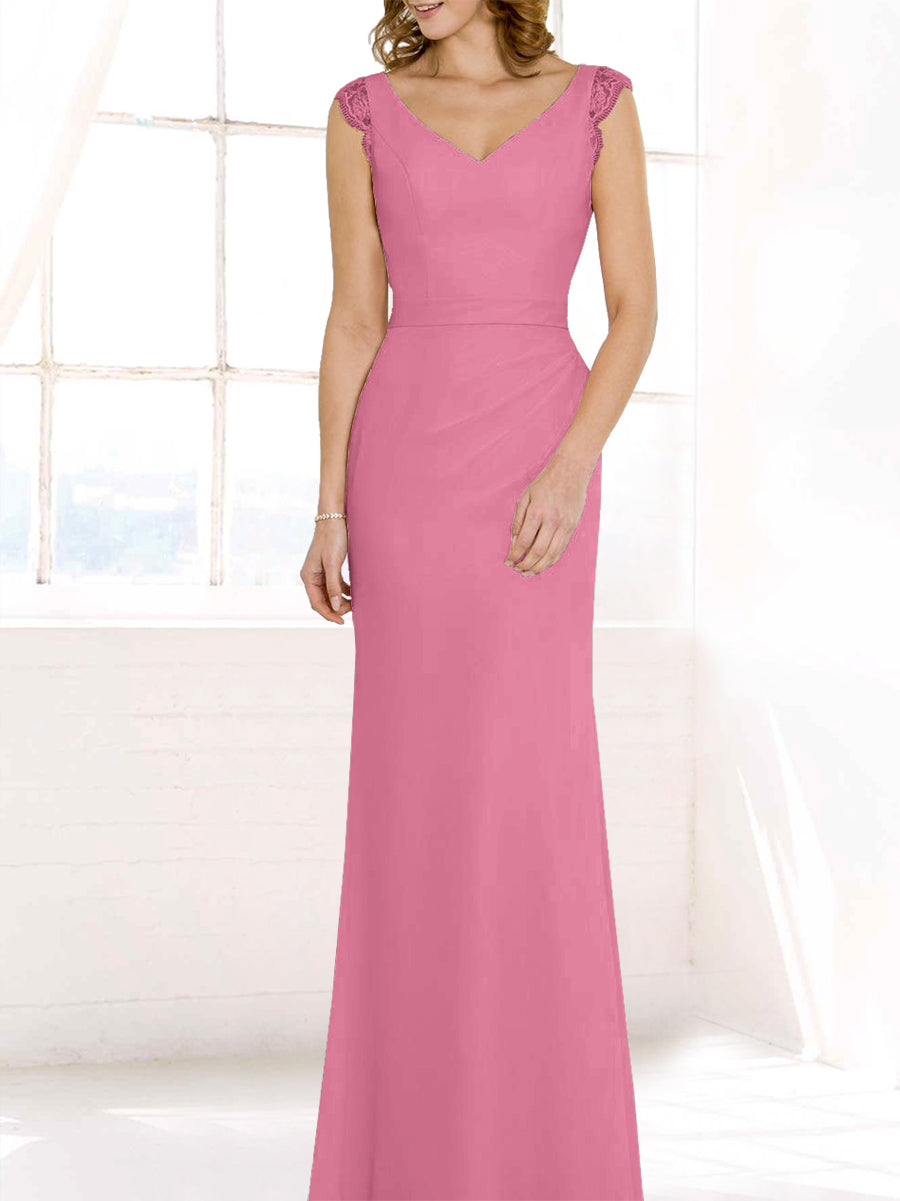 Lace Column V-Neck Cap Sleeves Bridesmaid Dress-MB50117