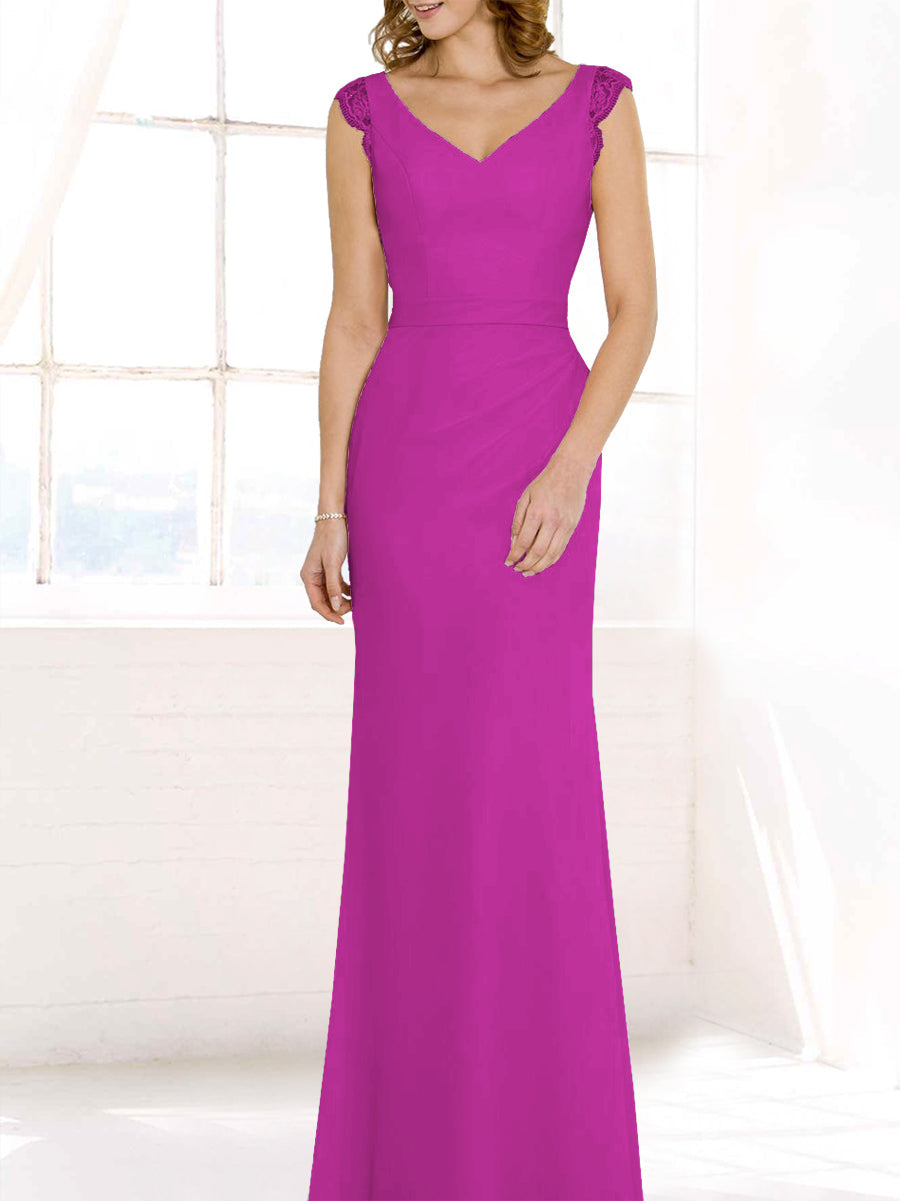 Lace Column V-Neck Cap Sleeves Bridesmaid Dress-MB50117