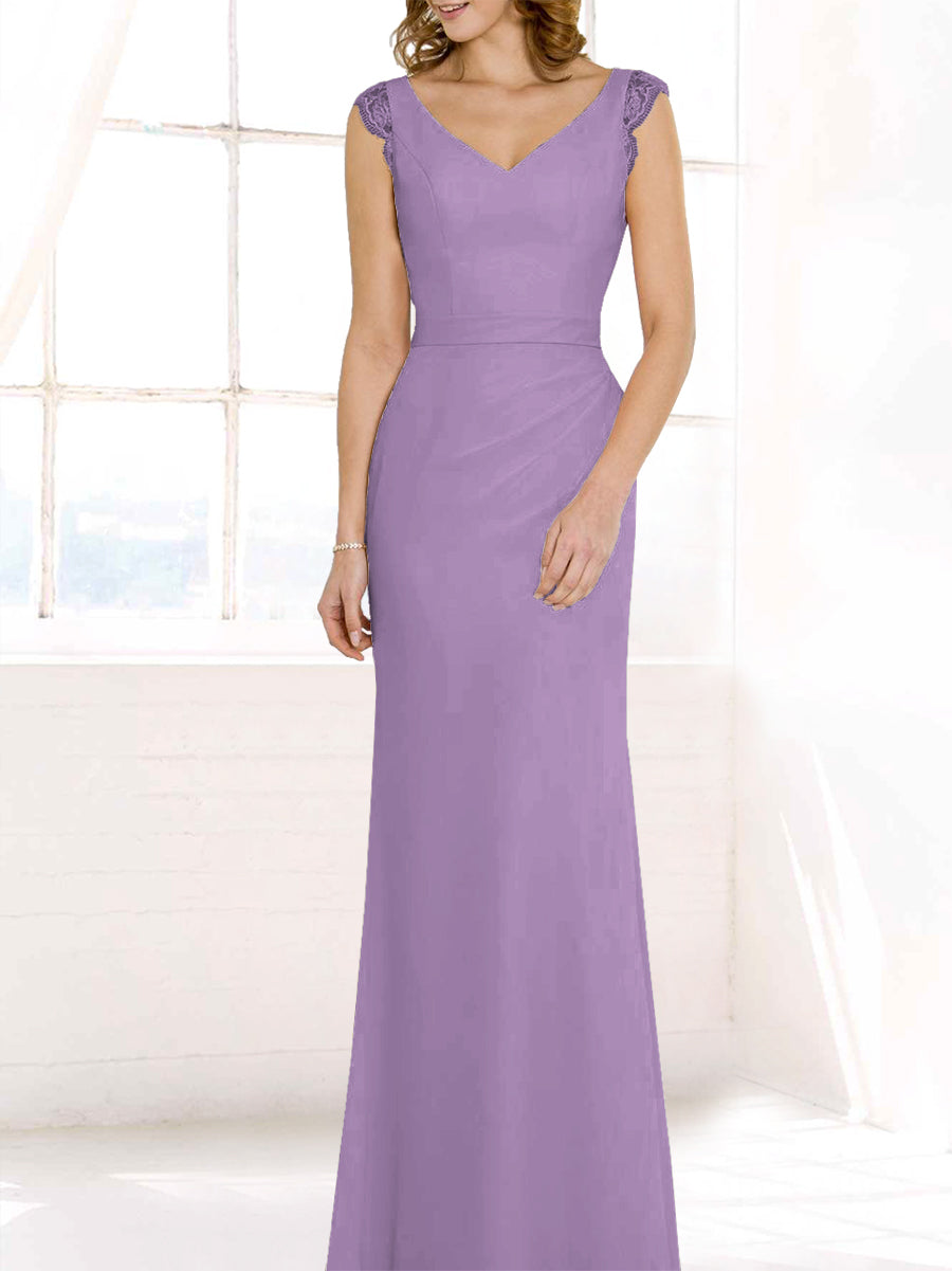 Lace Column V-Neck Cap Sleeves Bridesmaid Dress-MB50117