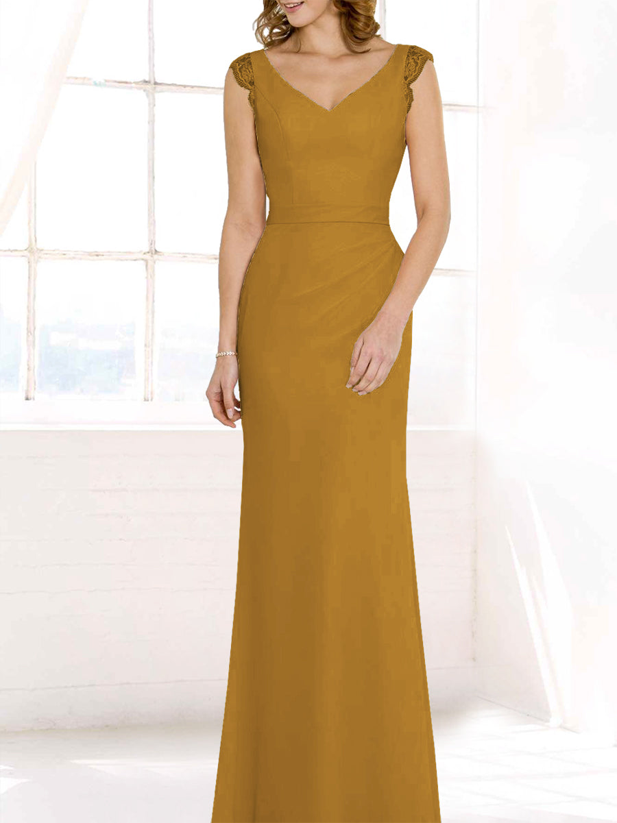 Lace Column V-Neck Cap Sleeves Bridesmaid Dress-MB50117