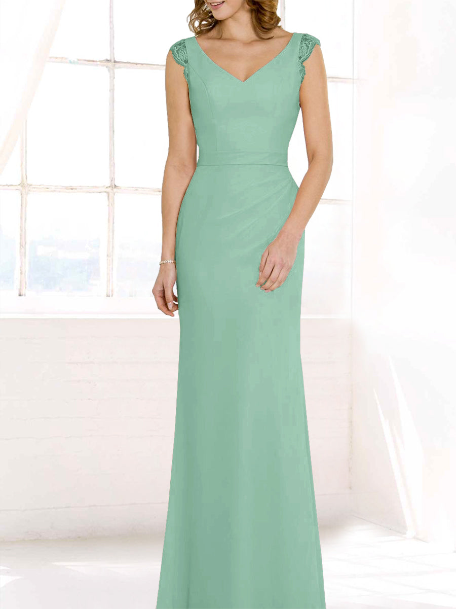 Lace Column V-Neck Cap Sleeves Bridesmaid Dress-MB50117