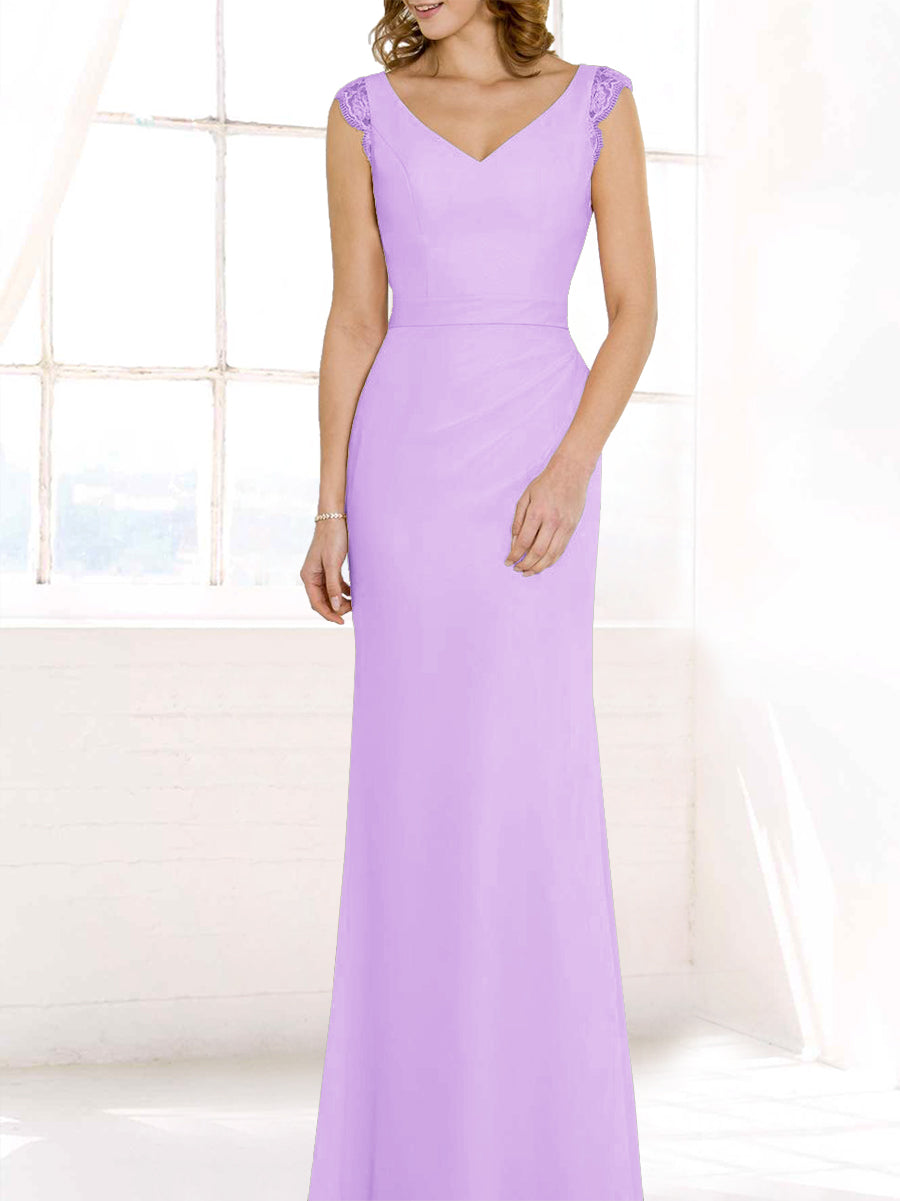 Lace Column V-Neck Cap Sleeves Bridesmaid Dress-MB50117