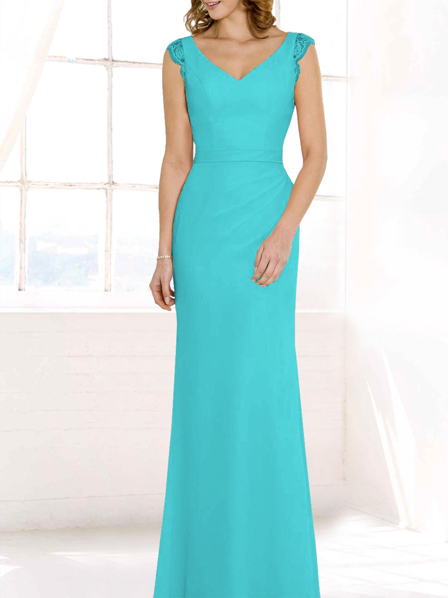 Lace Column V-Neck Cap Sleeves Bridesmaid Dress-MB50117