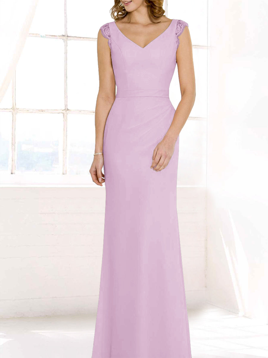 Lace Column V-Neck Cap Sleeves Bridesmaid Dress-MB50117