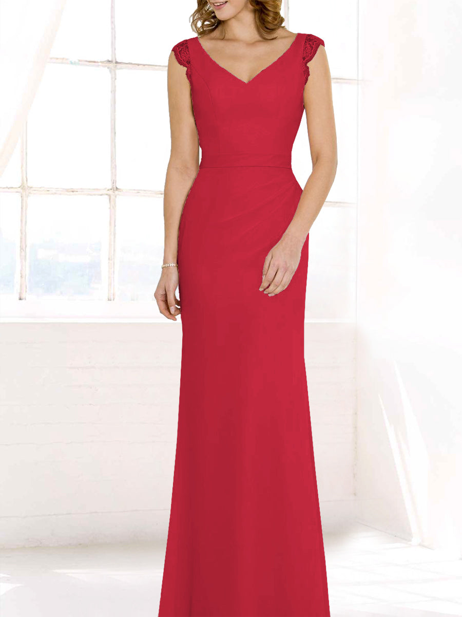 Lace Column V-Neck Cap Sleeves Bridesmaid Dress-MB50117