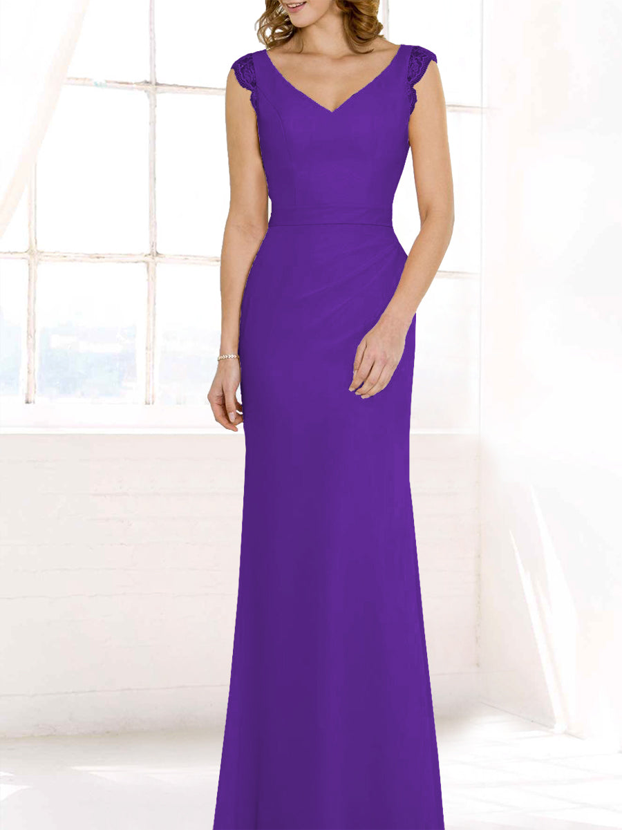 Lace Column V-Neck Cap Sleeves Bridesmaid Dress-MB50117