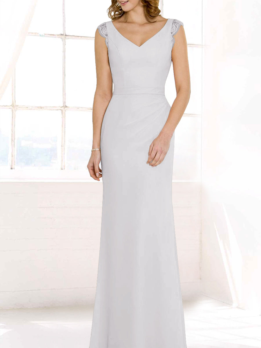 Lace Column V-Neck Cap Sleeves Bridesmaid Dress-MB50117