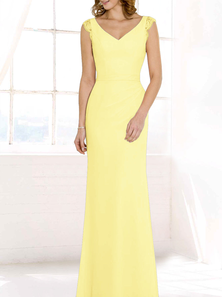 Lace Column V-Neck Cap Sleeves Bridesmaid Dress-MB50117