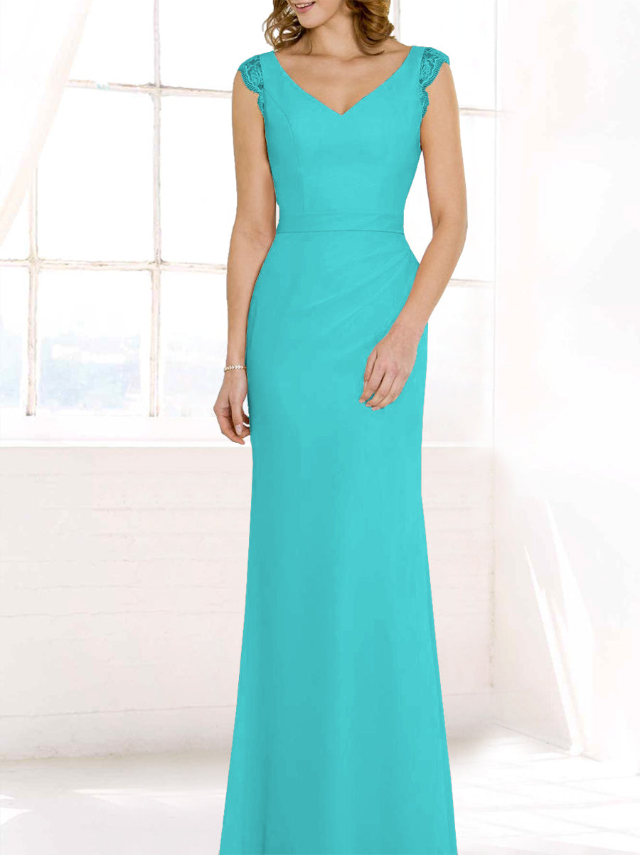 Lace Column V-Neck Cap Sleeves Bridesmaid Dress-MB50117