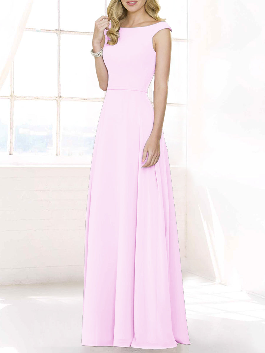 Chiffon Column Boat Neck Cap Sleeves Bridesmaid Dress-MB50122