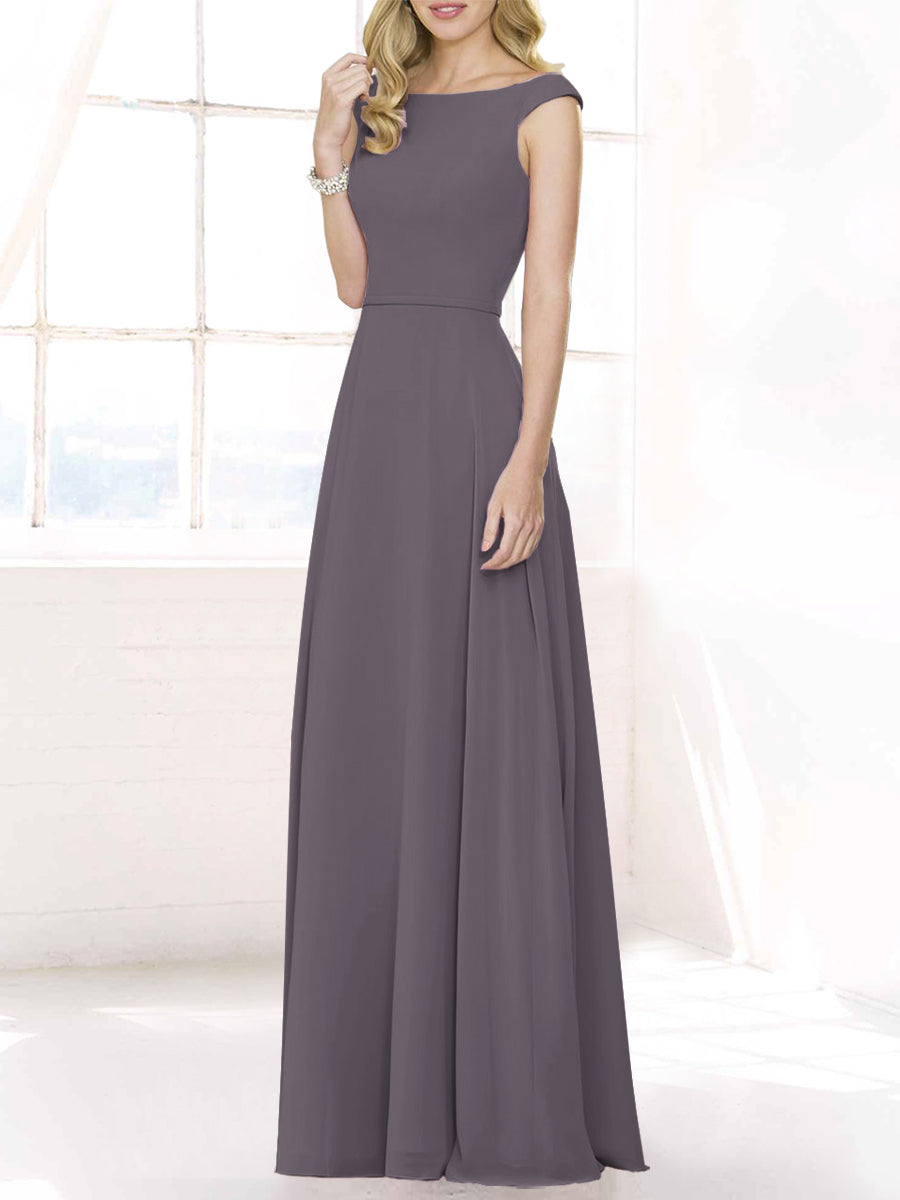 Chiffon Column Boat Neck Cap Sleeves Bridesmaid Dress-MB50122