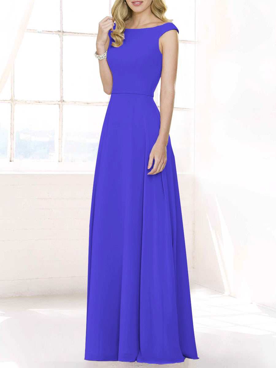 Chiffon Column Boat Neck Cap Sleeves Bridesmaid Dress-MB50122