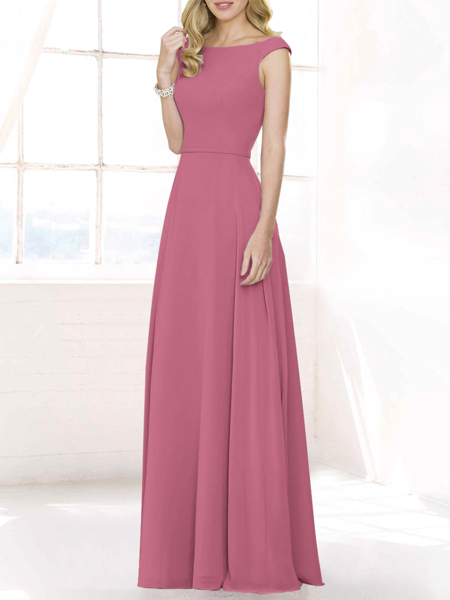 Chiffon Column Boat Neck Cap Sleeves Bridesmaid Dress-MB50122