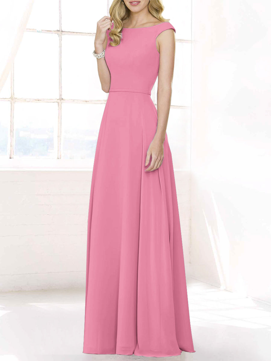 Chiffon Column Boat Neck Cap Sleeves Bridesmaid Dress-MB50122